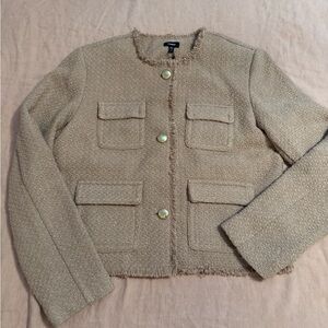 Express Beige Tweed Fringe Pocket Blazer with Gold Buttons